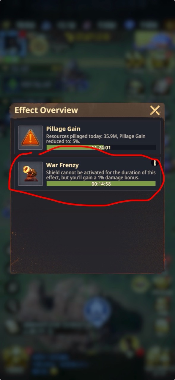 War Frenzy effect showing its 1% damage bonus and 15-minute duration