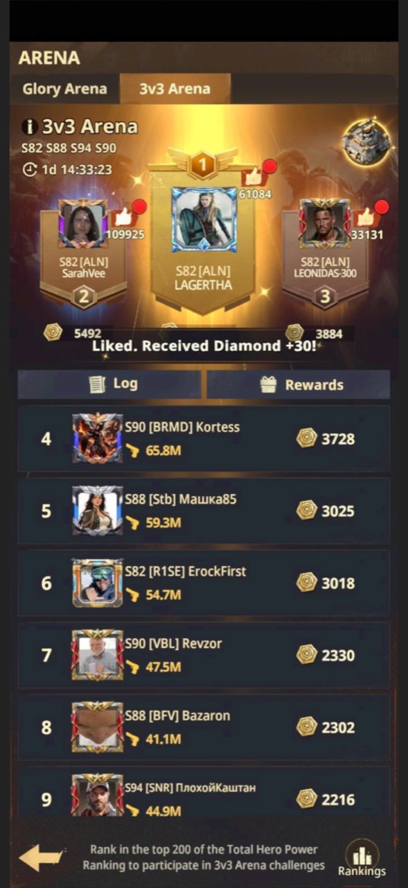 3v3 Arena screen confirming a 30-diamond like reward