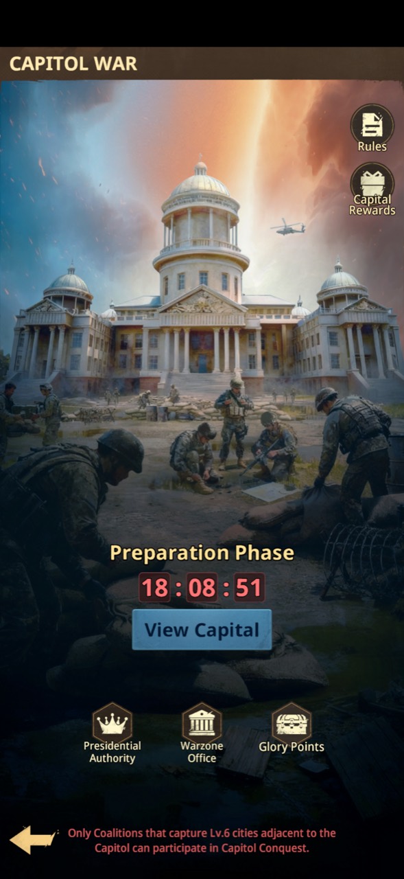 Capital War preparation screen with the countdown to Capital Conquest