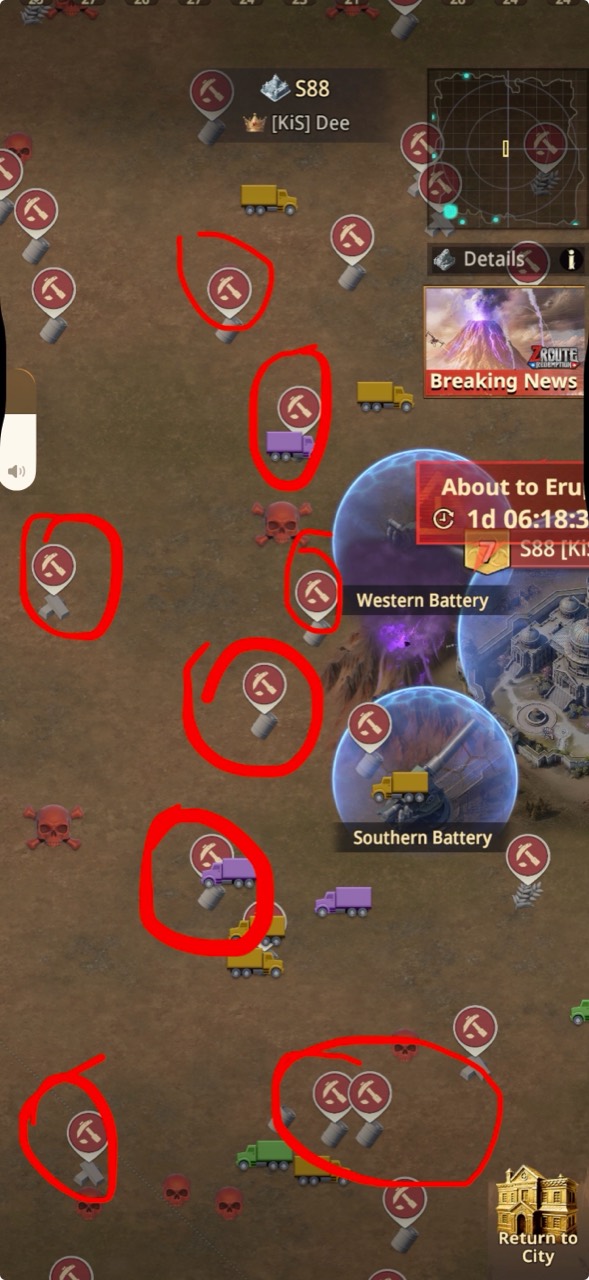 Resource Tiles with pickaxe icons circled around the Capital