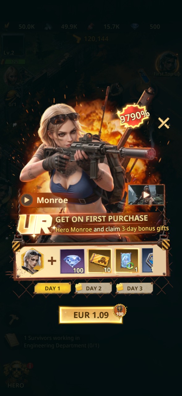 Monroe UR hero first-purchase offer for EUR 1.09 with three days of bonus gifts