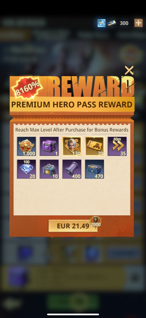 Premium Hero Pass Reward for EUR 21.49 with 130 featured UR shards, 70 Recruit Cards, 35 hours of Speedups, and 470 Resource Chests