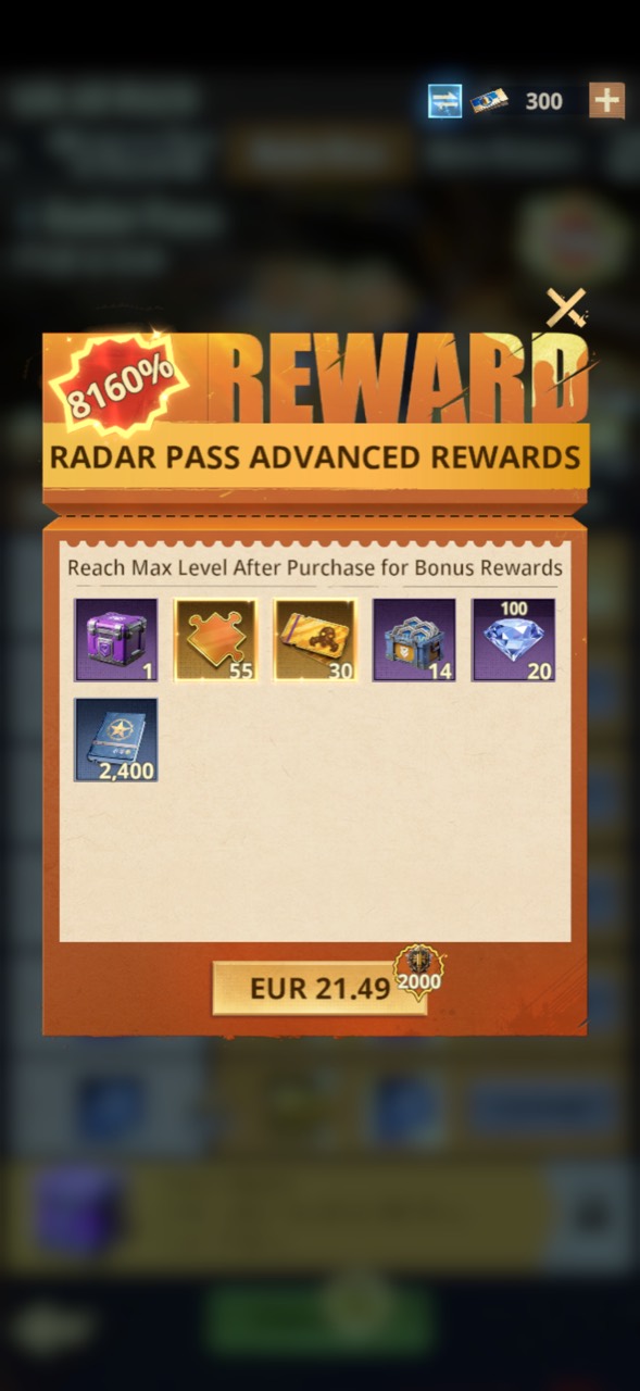 Radar Pass Advanced Rewards for EUR 21.49 with Recruit Cards, SSR Hero EXP Chests, and Diamonds