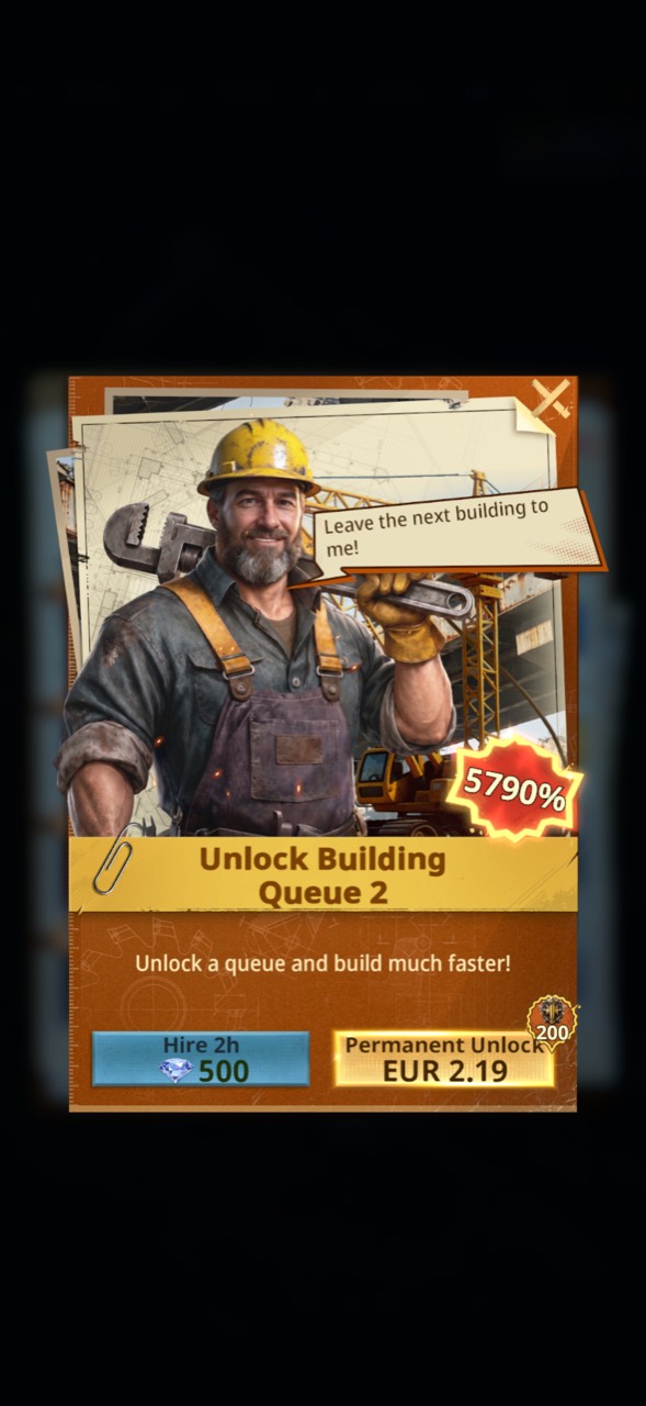 Permanent second building queue offer for EUR 2.19