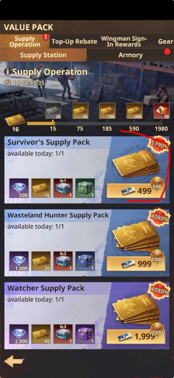 Supply Operation Survivor Supply Pack costing 499 vouchers and containing 16 tickets