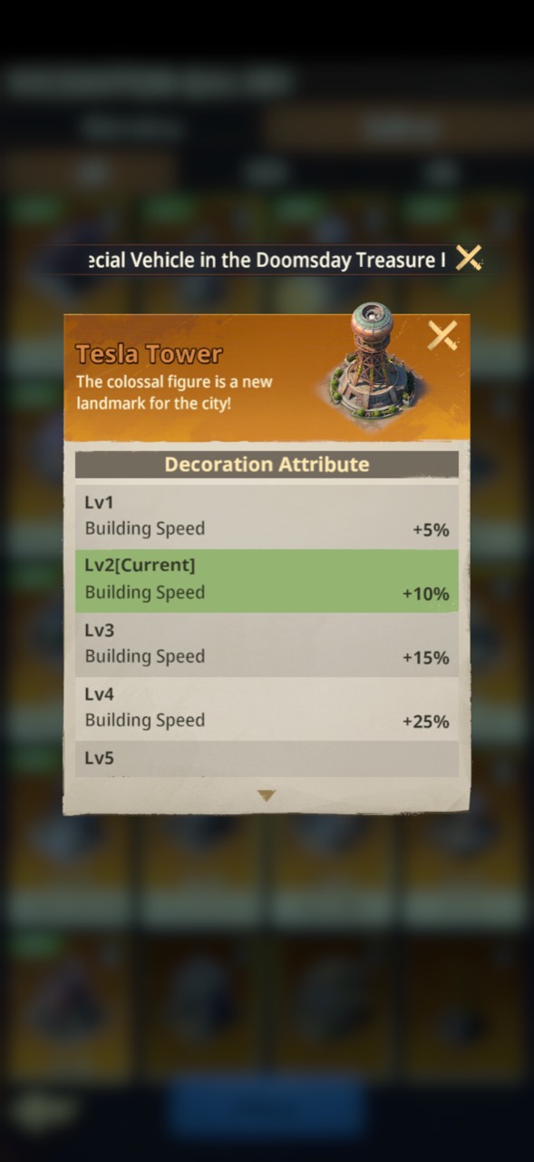 Tesla Tower Building Speed decoration attributes from levels 1 through 4