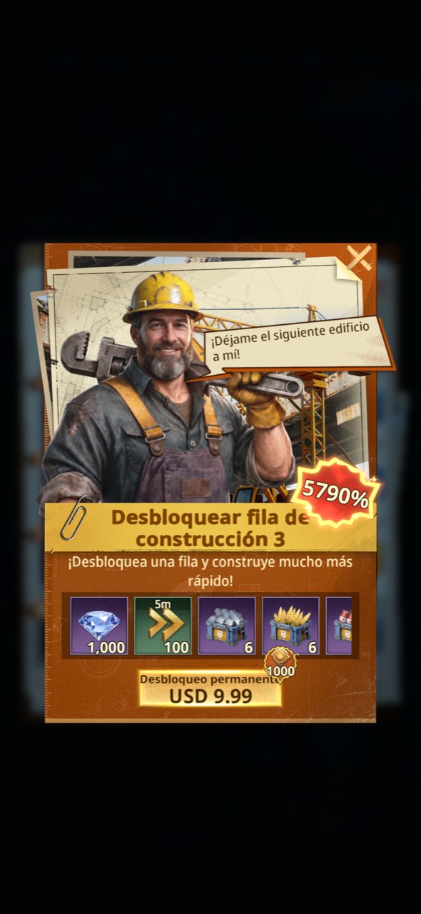 Permanent third building queue offer for USD 9.99 with diamonds, speedups, and resource chests