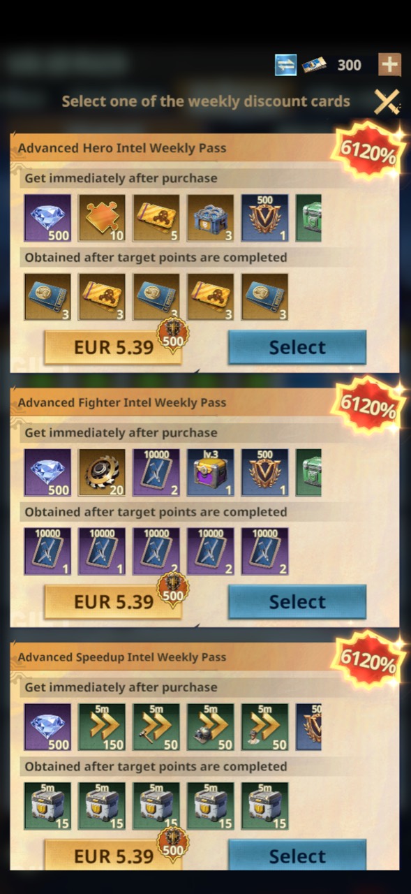 Advanced Hero, Fighter, and Speedup Intel Weekly Pass rewards for EUR 5.39