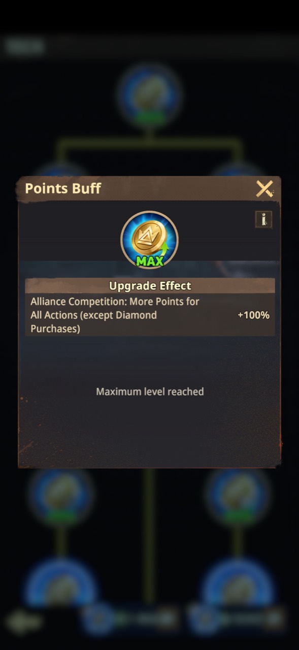 Maximum Points Buff research granting 100 percent to all actions except Diamond purchases