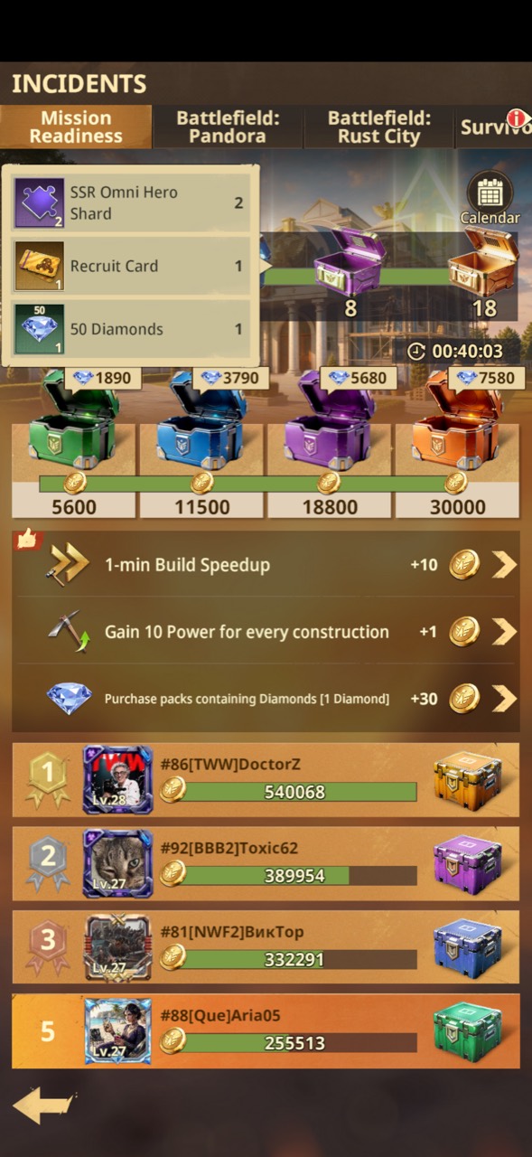 Mission Readiness cumulative reward with one Recruit Card and two SSR Omni Hero Shards
