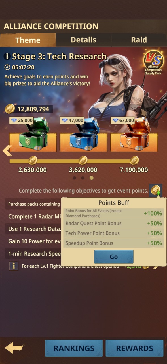 Tech Day Points Buff summary showing the general and action-specific bonuses