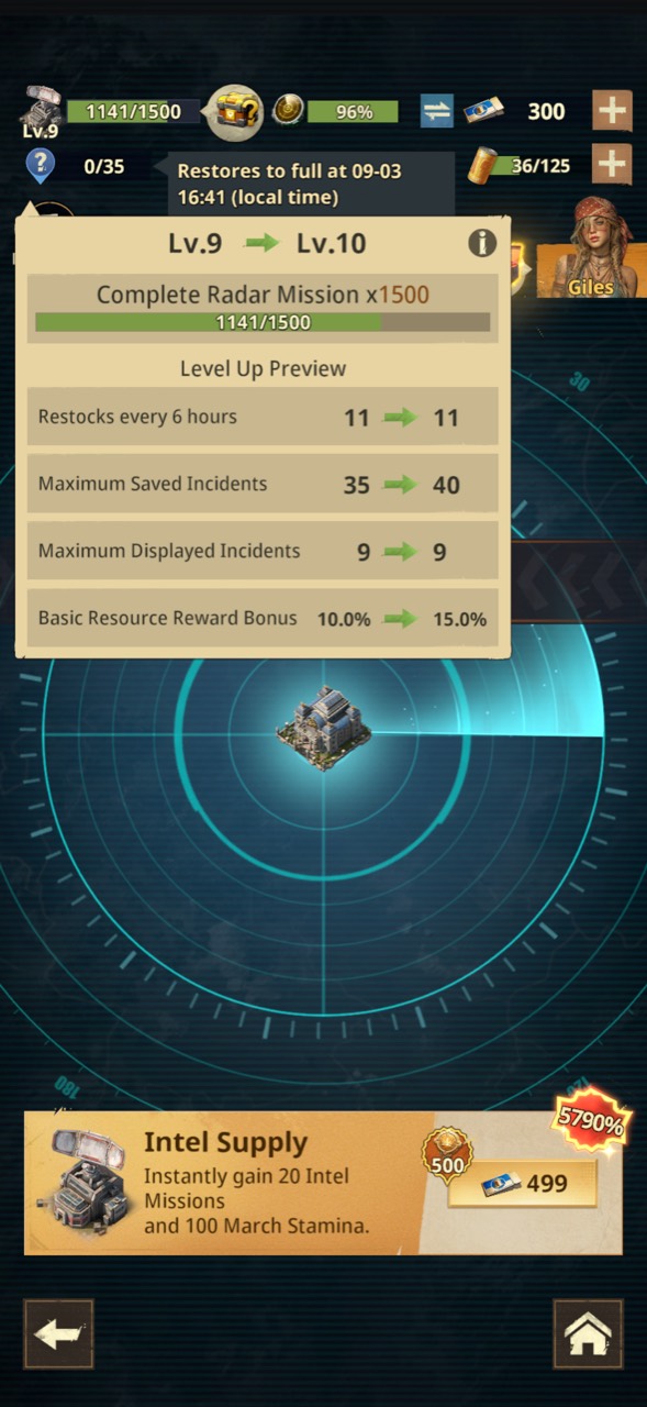Radar level screen showing saved mission capacity and the restore-to-full timer