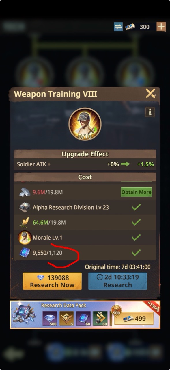 Research screen showing Research Data as an upgrade cost