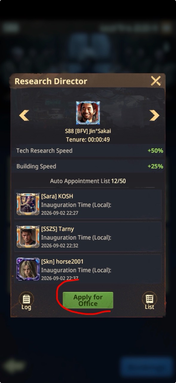 Research Director office with the 50 percent Tech Research Speed bonus and appointment queue
